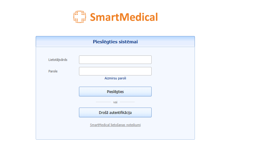 SmartMedical pieslēgšanās logs ar eParaksta opciju