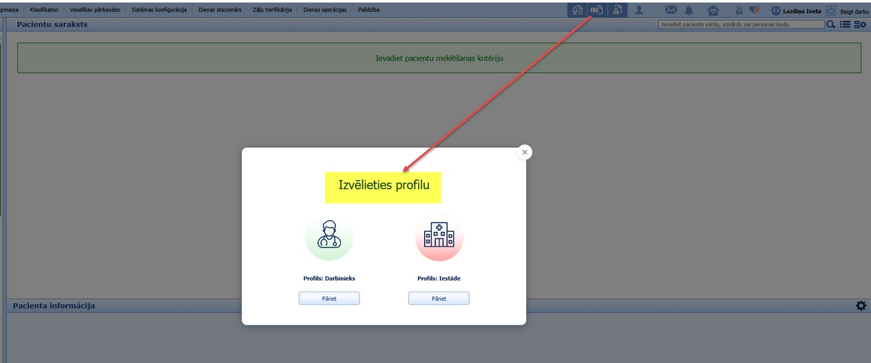 Lietotāja profila izvēles logs e-nosūtījumu asistenta atveršanā
