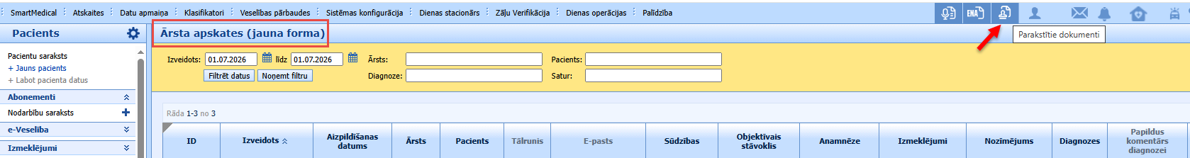 Ārsta apskates forma ar e-paraksta ikoniņu