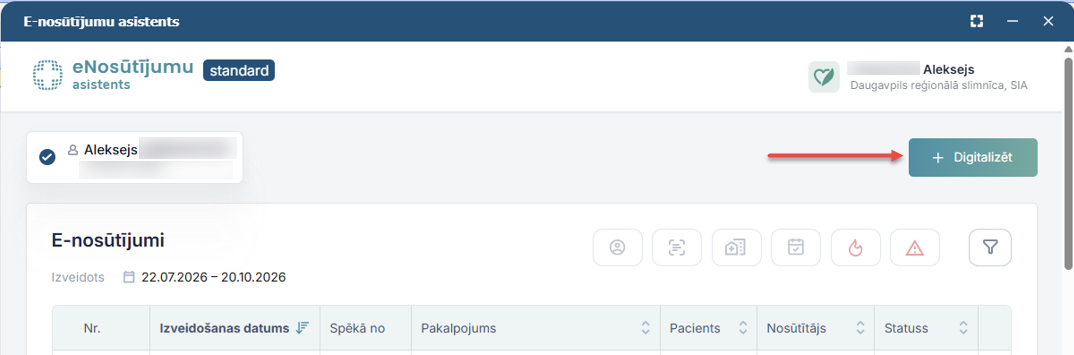 Digitalizēt poga e-nosūtījumu asistentā