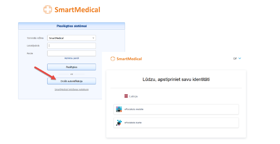 SmartMedical pieslēgšanās ekrāns un identitātes apstiprināšana ar eParaksts