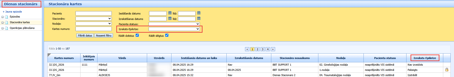Dienas stacionāra kartes saraksts