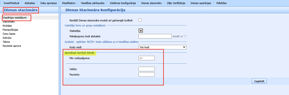 Dienas stacionāra iestatījumi