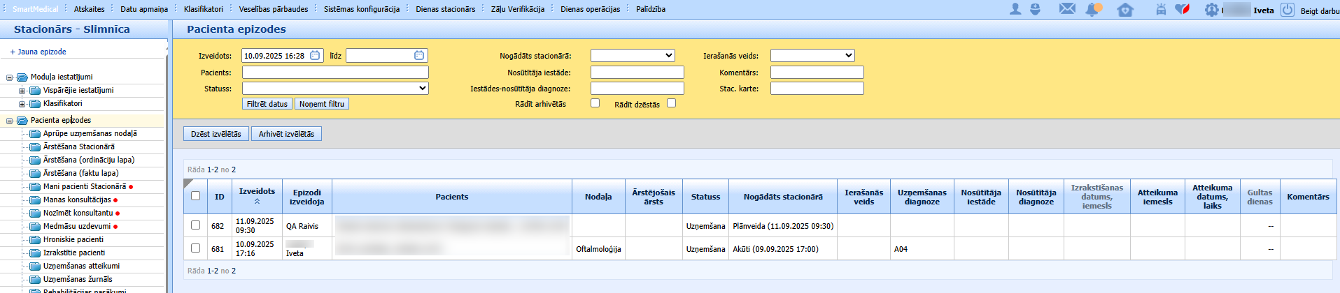 Pacienta epizodes saraksts